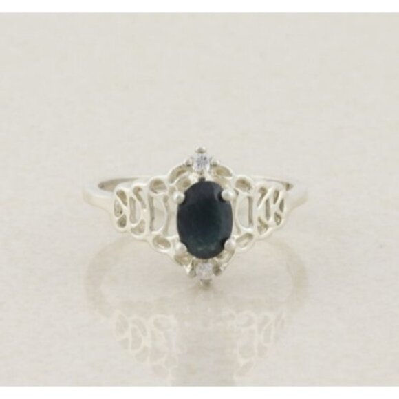 Sterling Silver Natural Dark Blue Sapphire and Cubic Zirconia Ring Size 8 1/4 - Picture 1 of 6